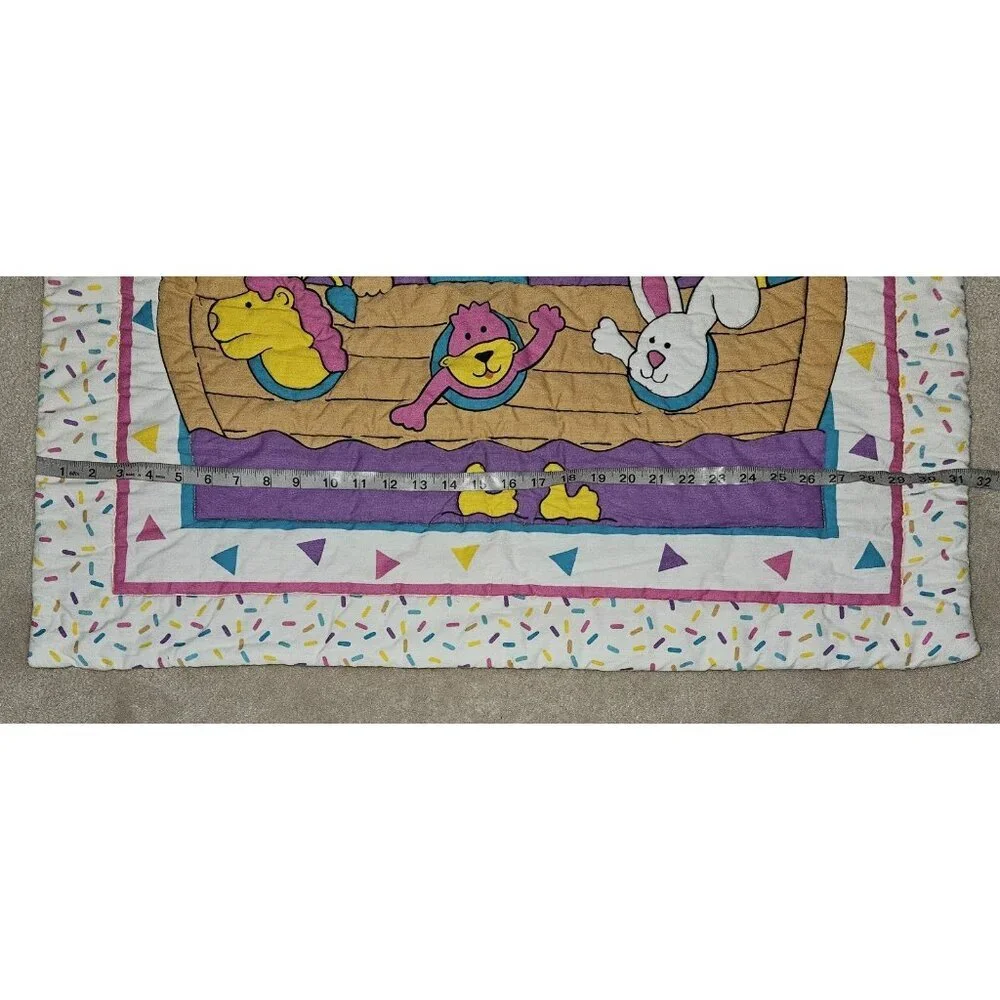 VTG 1990s Noah's Ark Baby Blanket Comforter Wall Decor 31x40 Pink Purple Yellow